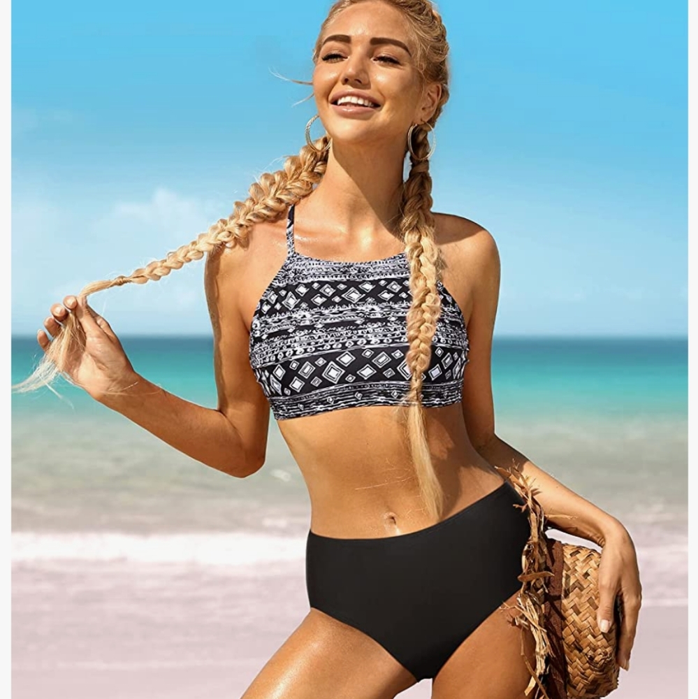Black Geometric Tribal Swimsuit High Neck Halter Crop Bathing Suit Womens LARGE